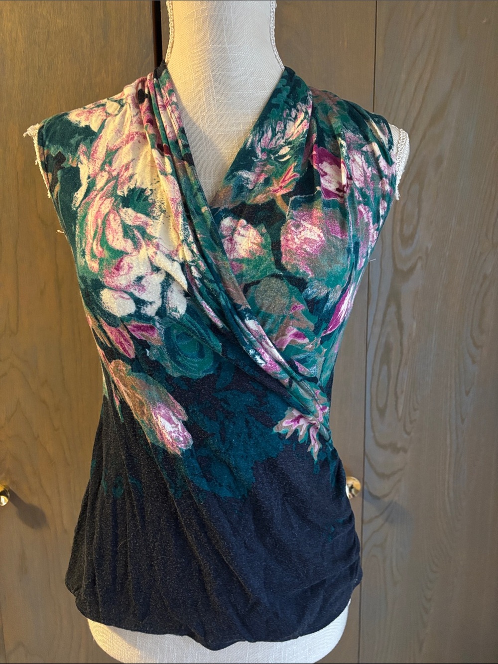 Vintage Anthropologie Deletta Floral Draped Tank Top Sleeveless Knit Wrap Blouse